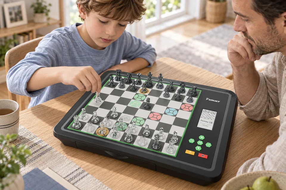 一家人在 L6 Pro 智能棋盘上与 AI 对弈