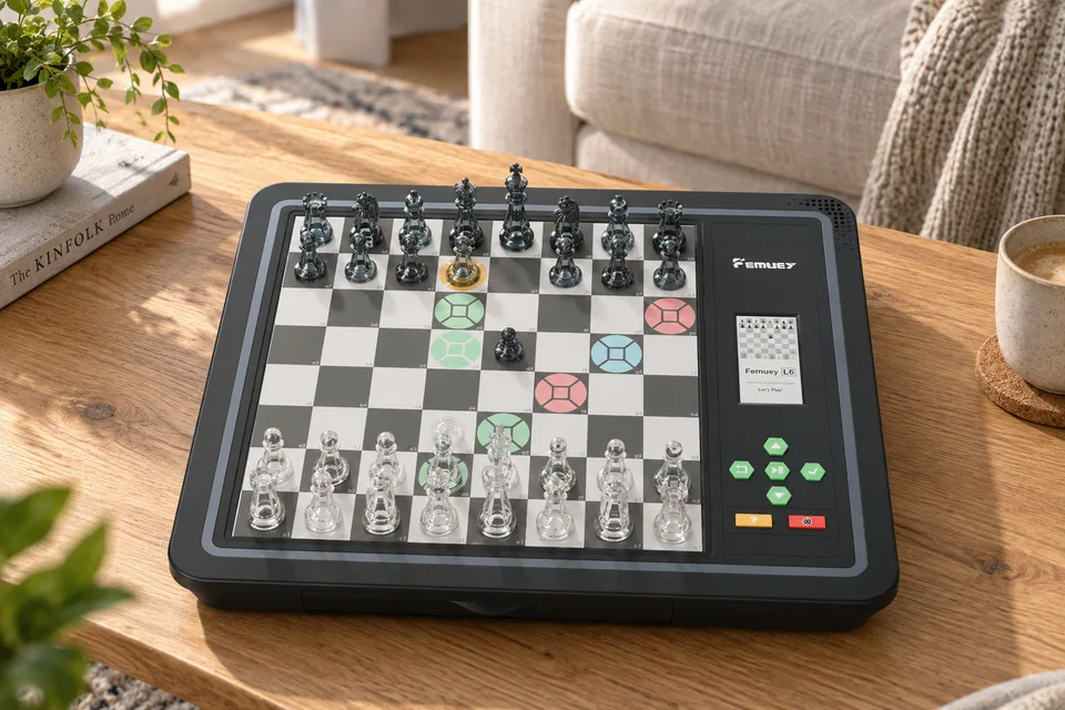 费米 L6 Pro 智能国际象棋棋盘摆在客厅茶几上