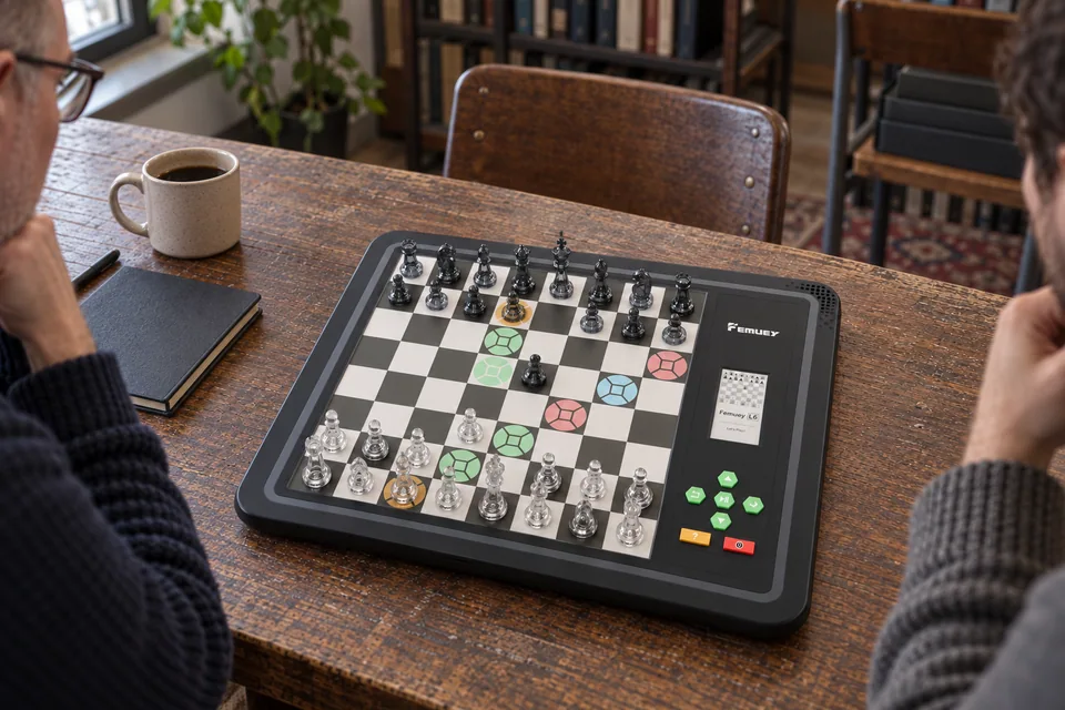 多名学生在智能棋盘上下国际象棋