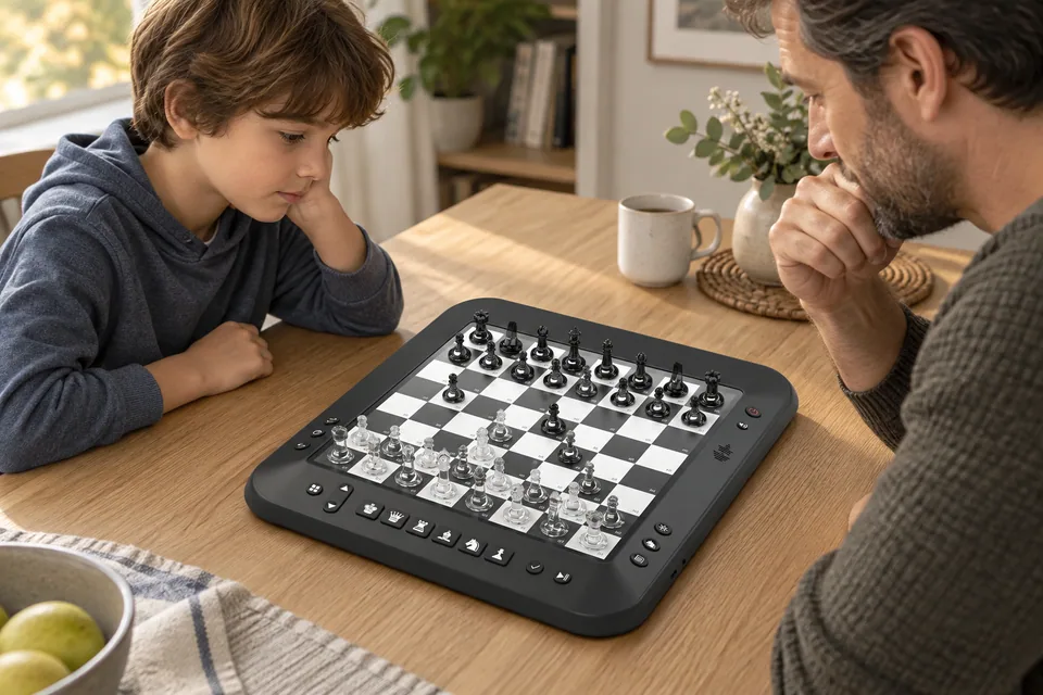 孩子和家人在 P6 智能棋盘上学下国际象棋